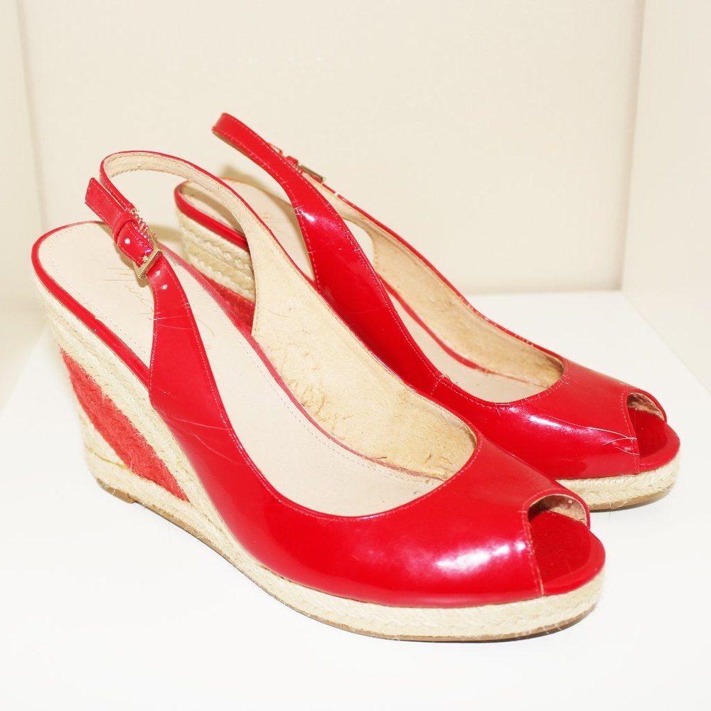 Marc Fisher Red Patent Peep Toe Wedges